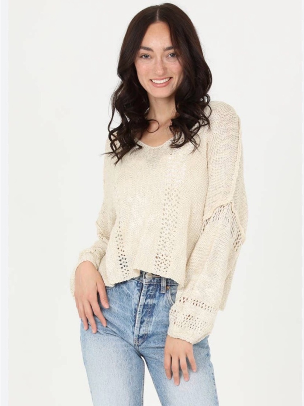 ANGIE | Womens Lightweight Open Knit Pullover Sweater size L Boho Beachy Coastal